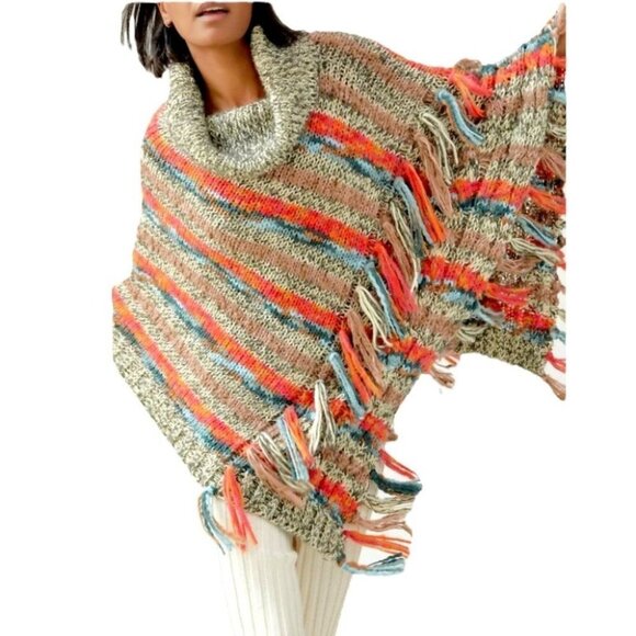 NWT Anthropologie Rainbow Striped Tasseled Turtleneck Poncho One Size - Picture 1 of 11